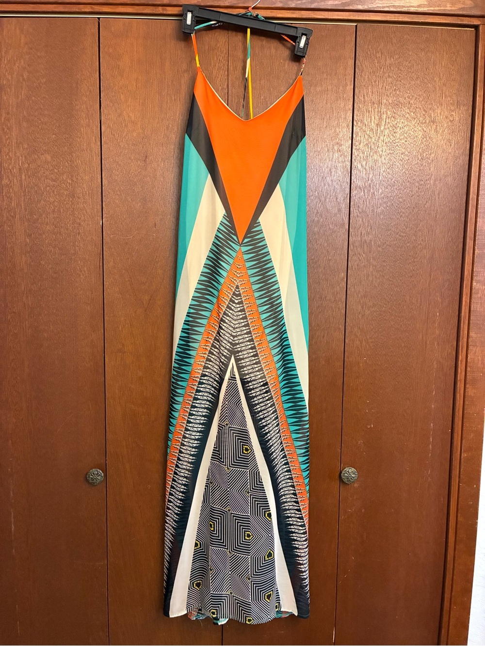 Maxi Slip Dress in Orange and Teal - Brand Unknown